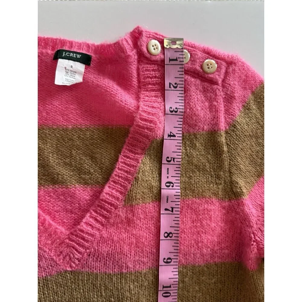J Crew Y2K Sweater V Neck Mohair Wool Blend Pink Stripe Button Preppy Academia S